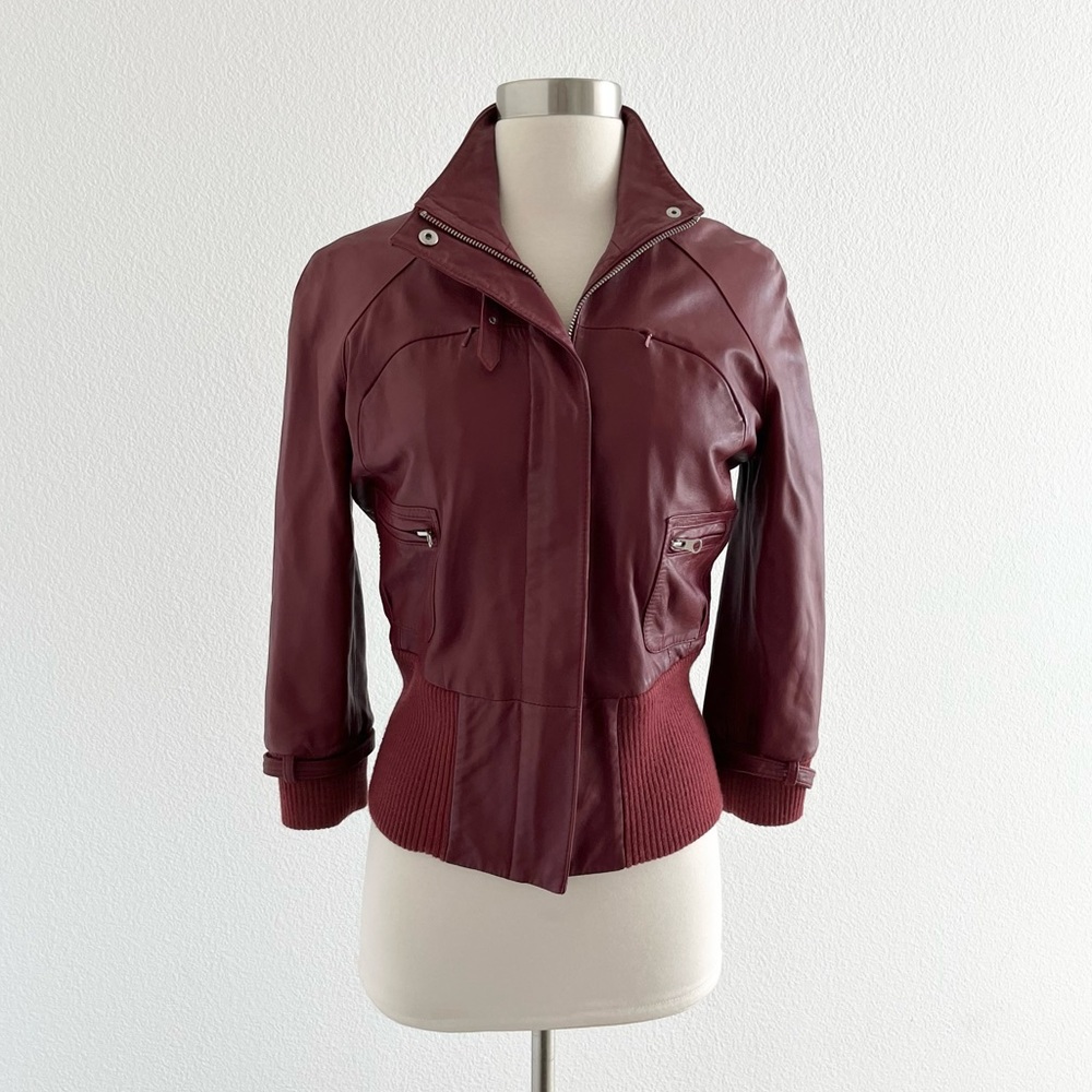 bebe Genuine Leather Cropped Bomber Jacket Oxblood Red S